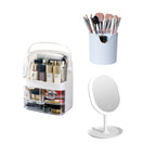 White 3 Tier Cosmetic Storage with Brush Lipstick Holder Organiser and LED Light Tabletop Mirror Set
