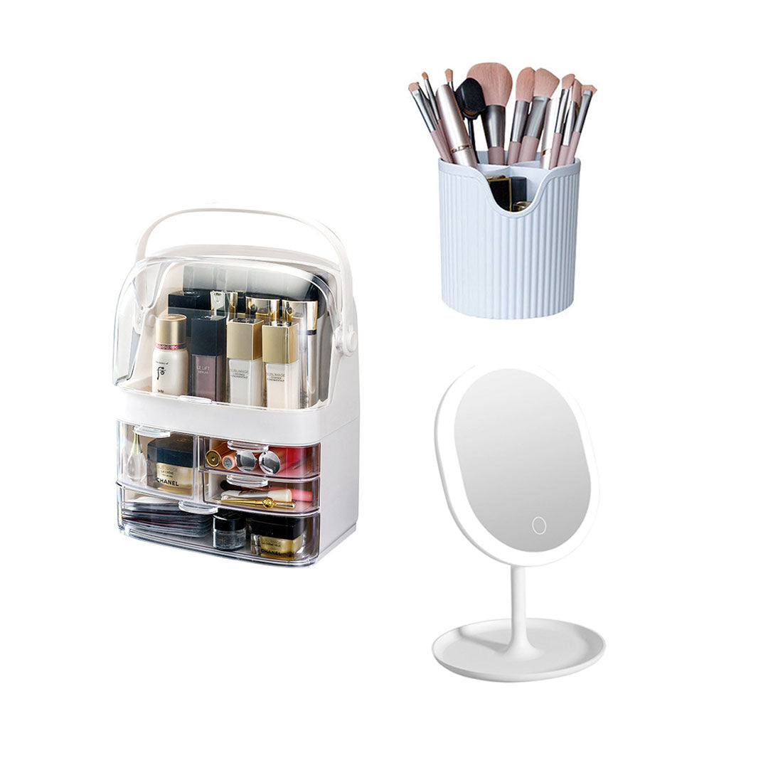 White 3 Tier Cosmetic Storage with Brush Lipstick Holder Organiser and LED Light Tabletop Mirror Set