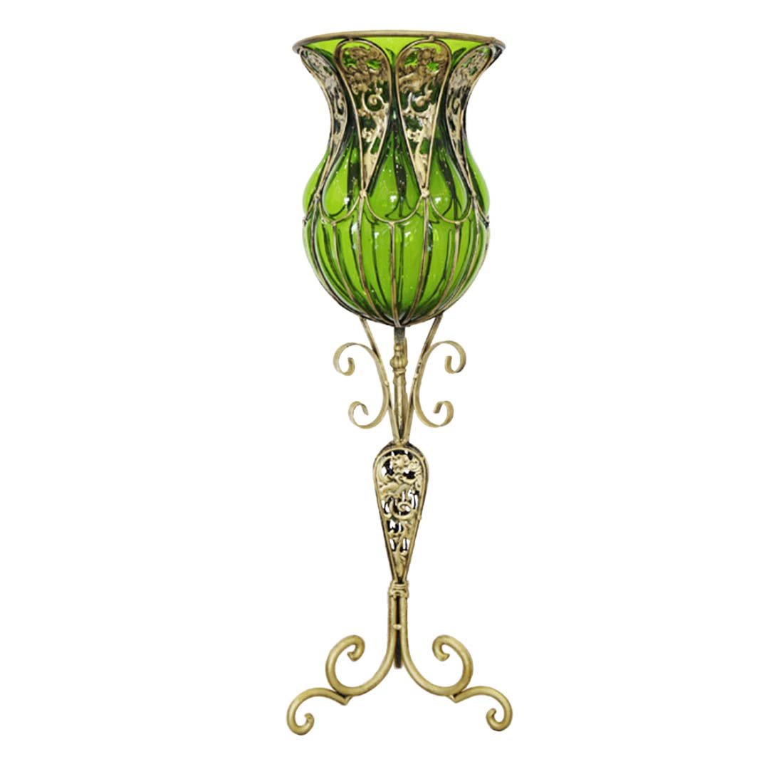 85cm Green Glass Floor Vase with Tall Metal Stand