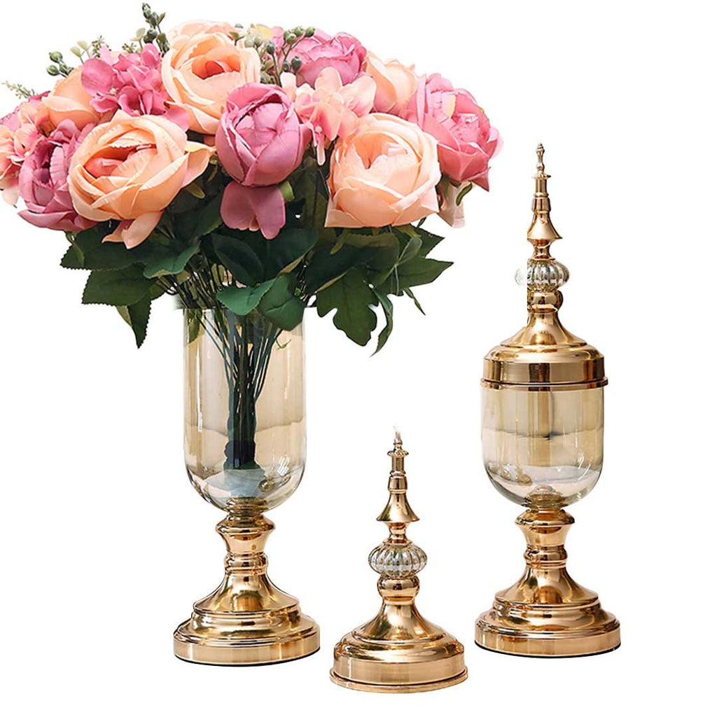 2x Clear Gold Glass Vase with Lid and Pink Flower Set