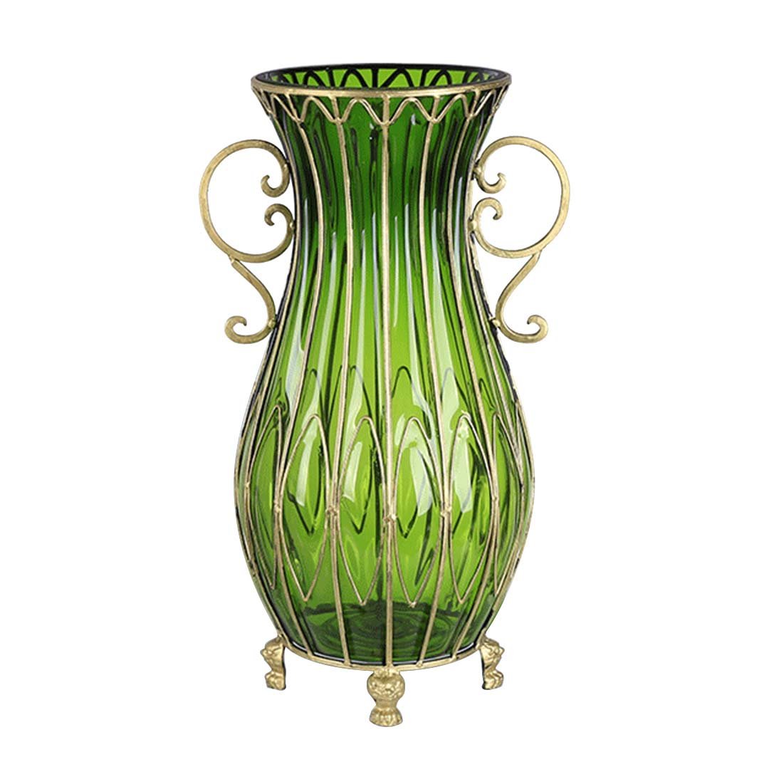 51cm Green Glass Floor Vase with Metal Stand