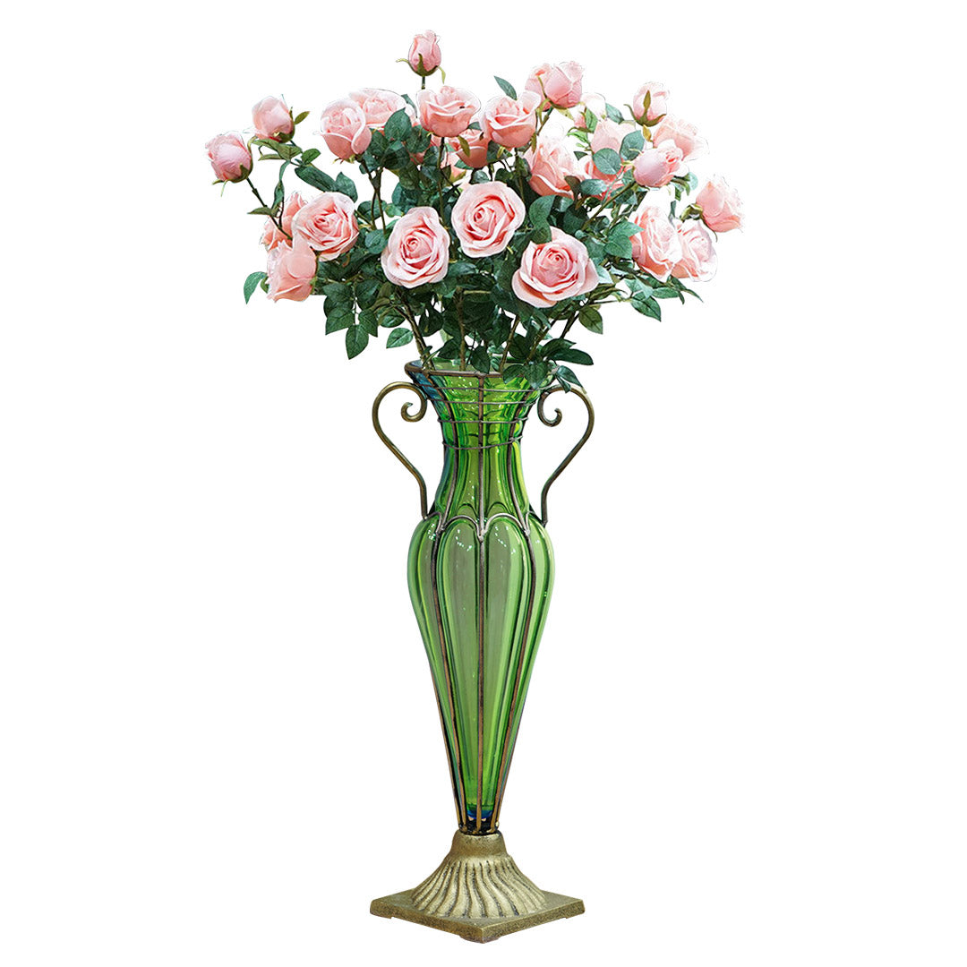 Green Glass Flower Vase with 8 Bunch 5 Heads Artificial Silk Rose Set