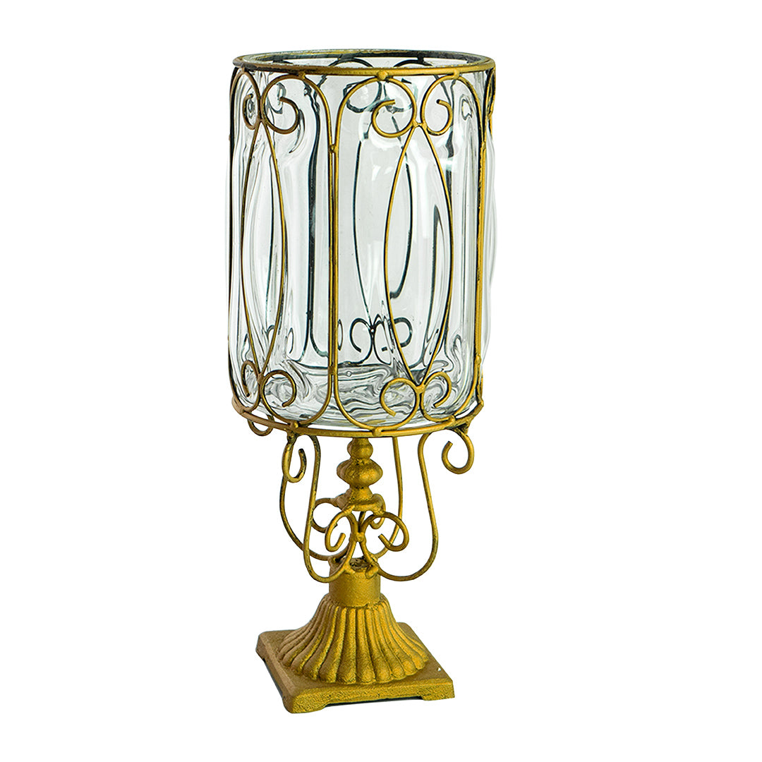 European Clear Glass Flower Vase with Gold Metal Pattern
