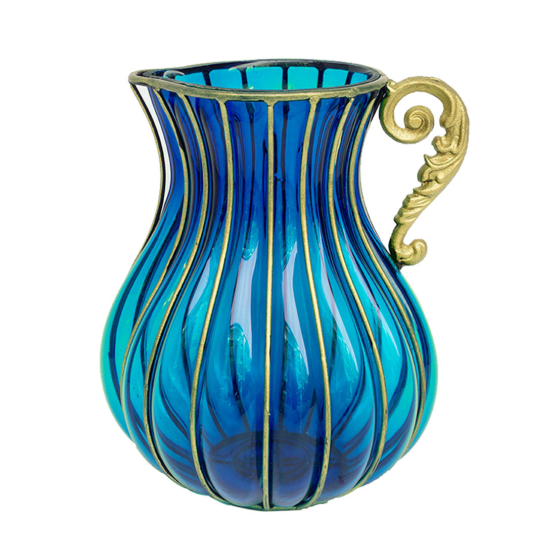 Blue European Glass Flower Vase with Metal Handle