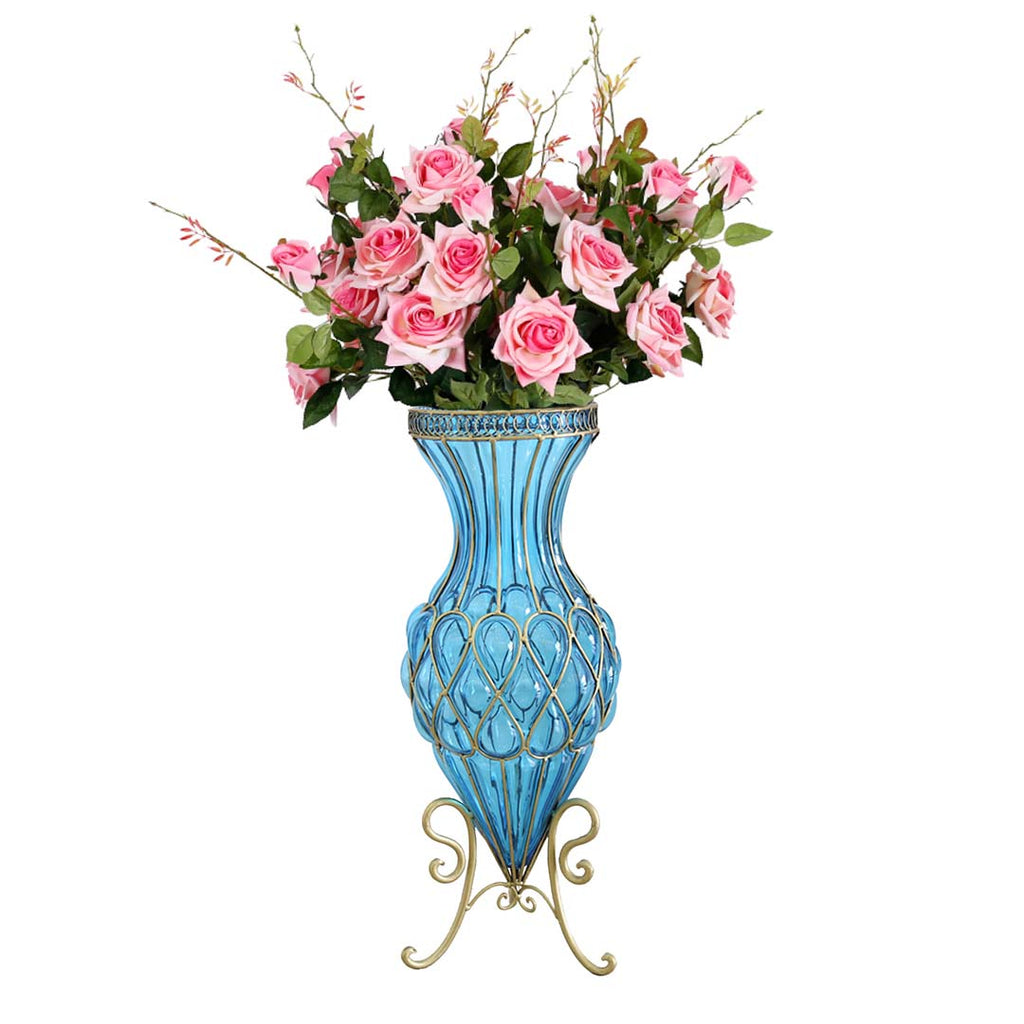 67cm Blue Glass Floor Vase and 12pcs Pink Artificial Flower Set