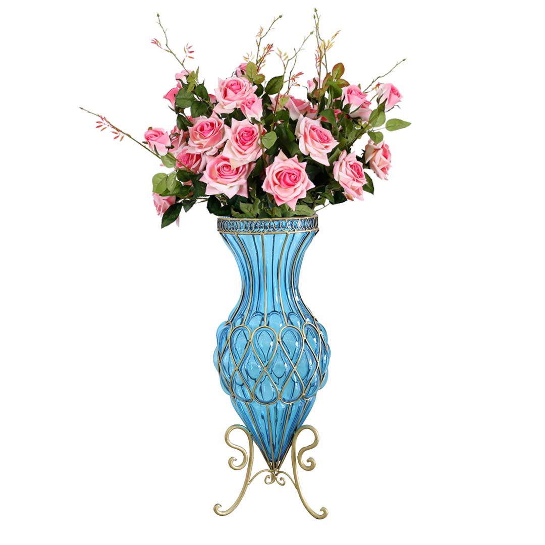 67cm Blue Glass Floor Vase and 12pcs Pink Artificial Flower Set