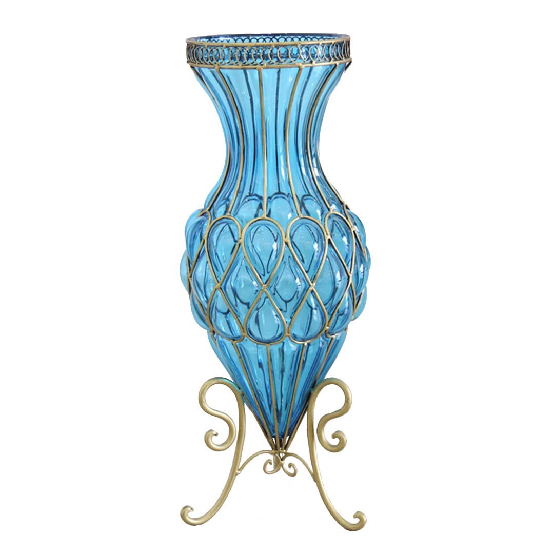 67cm Blue Glass Floor Vase with Metal Stand