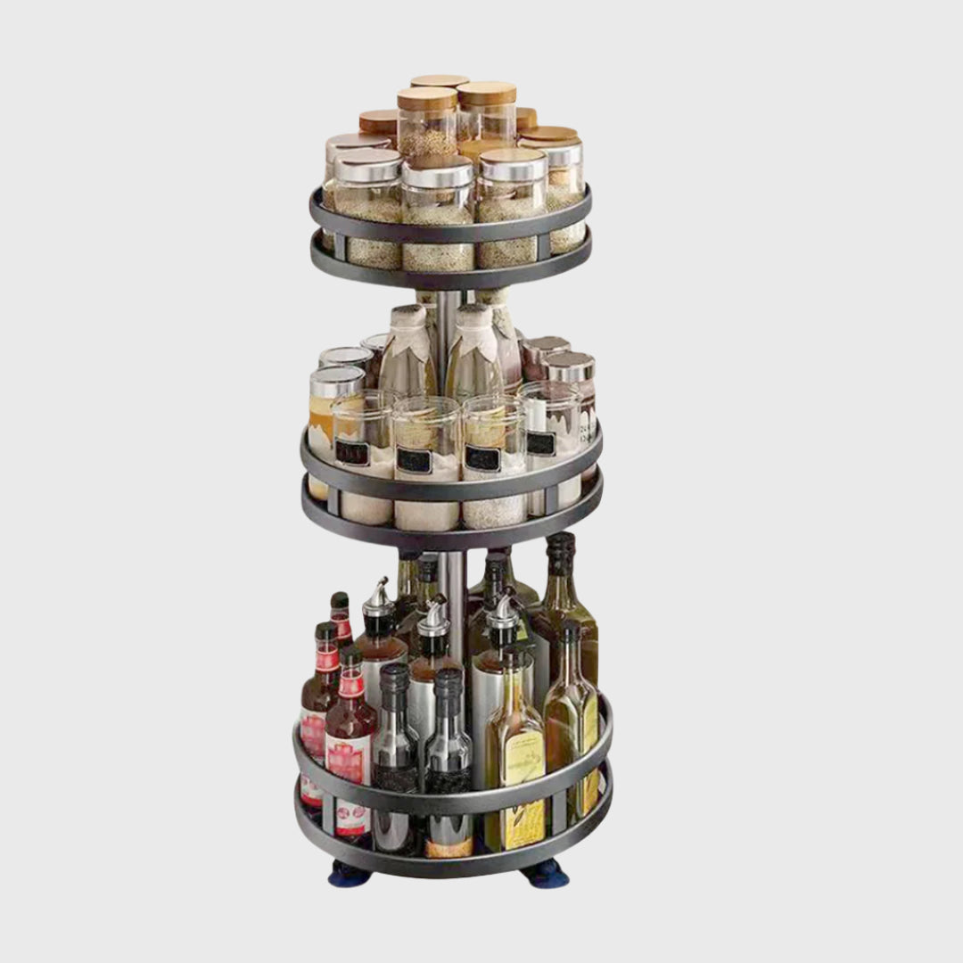 3 Tier Black Round Multi-Function Kitchen Seasoning Organiser Shelf