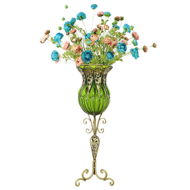 85cm Green Glass Floor Vase and 12pcs Blue Artificial Flower Set