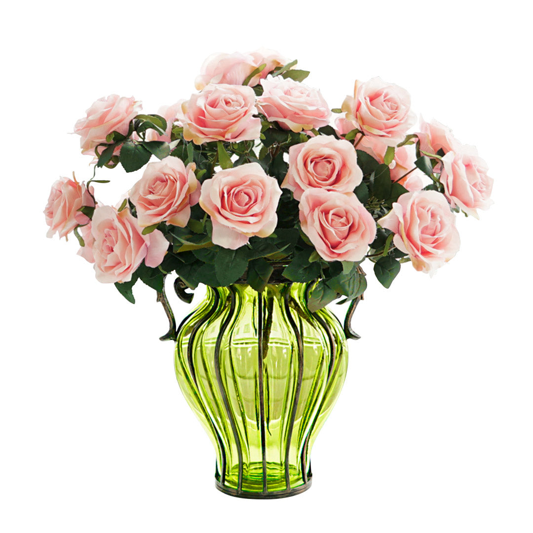 Green Glass Flower Vase with 4 Bunch 9 Heads Artificial Silk Rose Set
