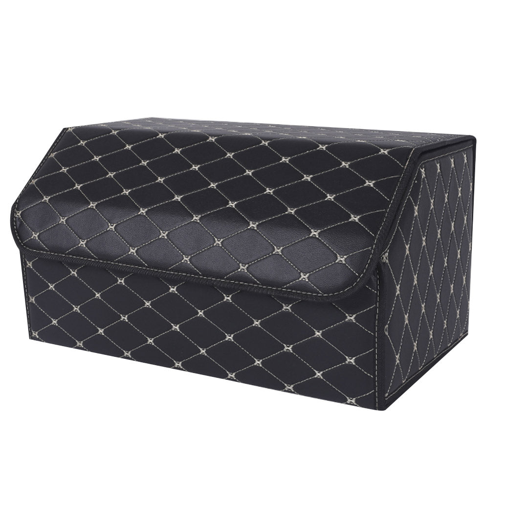 Leather Car Boot Foldable Trunk Cargo Organizer Box Black/Gold Stitch Large