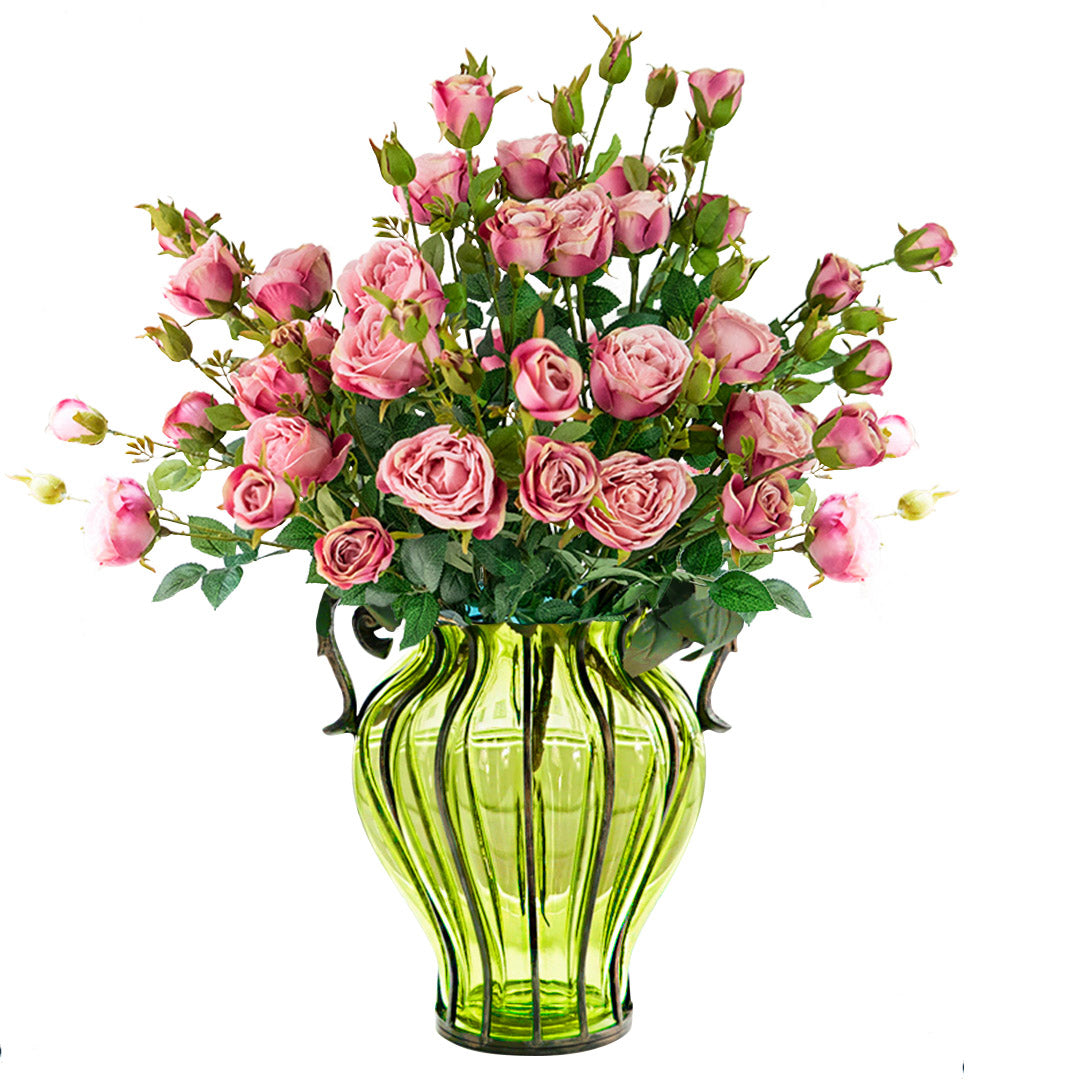 Green Glass Flower Vase with 10 Bunch 6 Heads Artificial Silk Rose Set