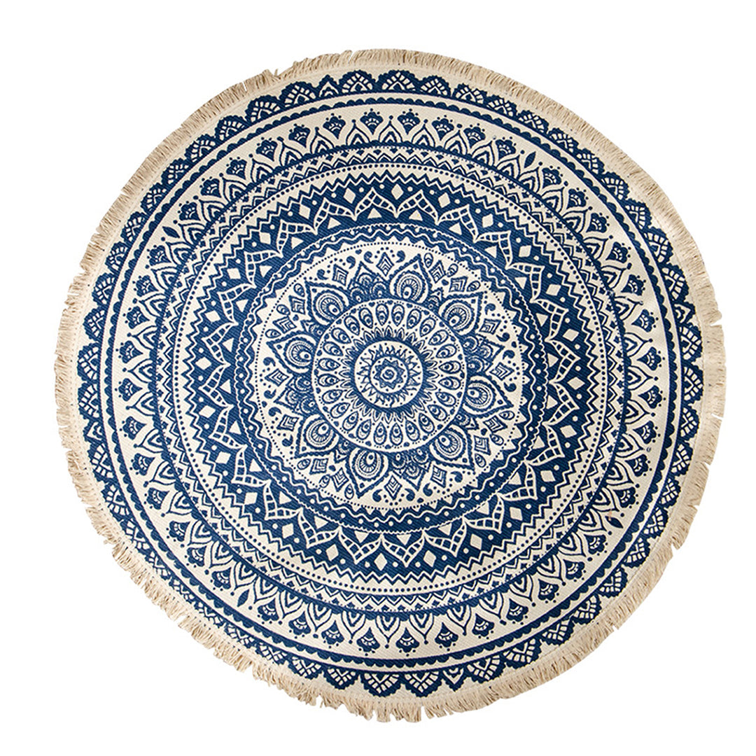 Dark Blue Carpet Soft Linen Bohemian Non-Slip Round Rug