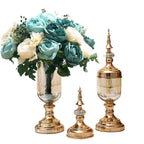 2x Clear Gold Glass Vase with Lid and Blue Flower Set