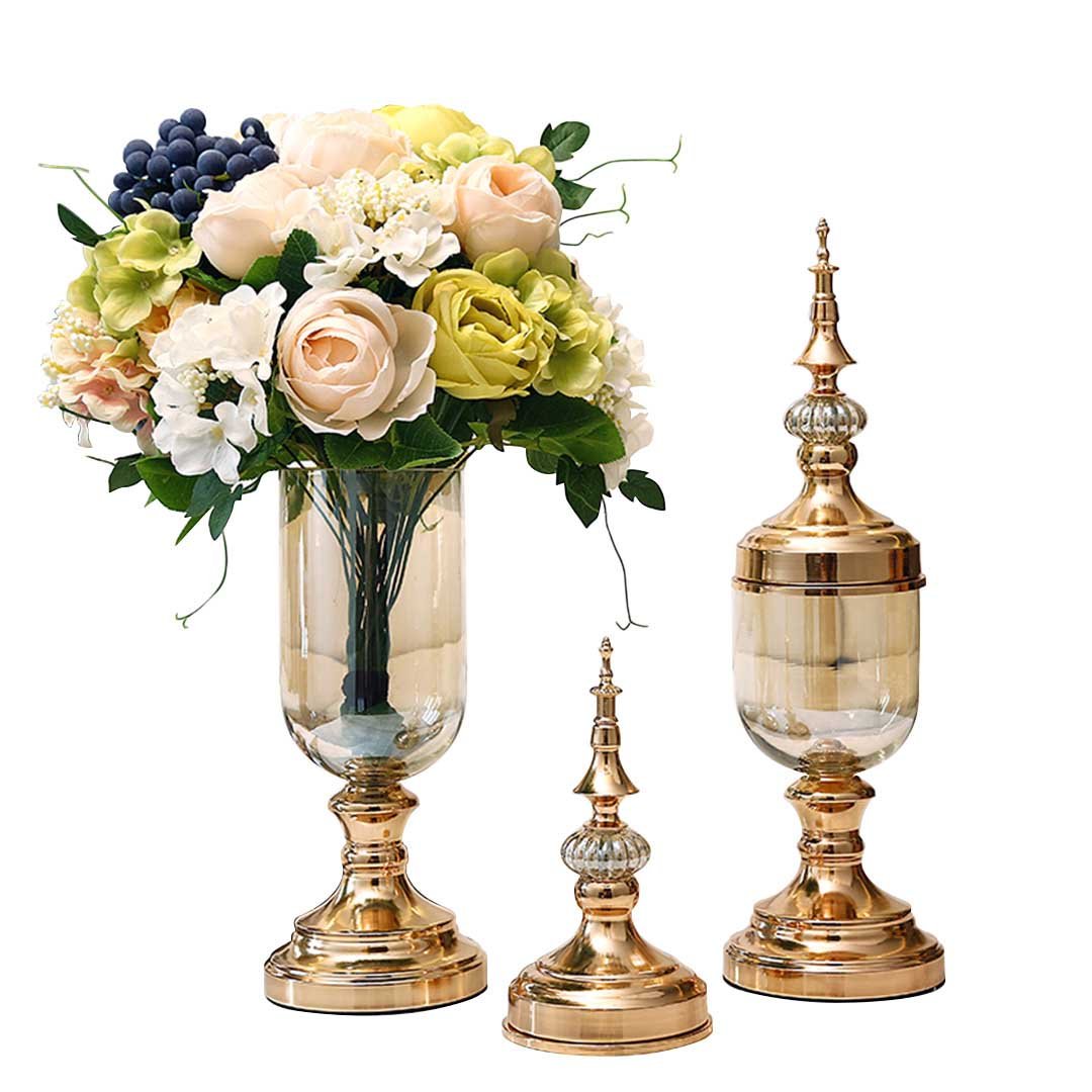 2x Clear Gold Glass Vase with Lid and White Flower Set