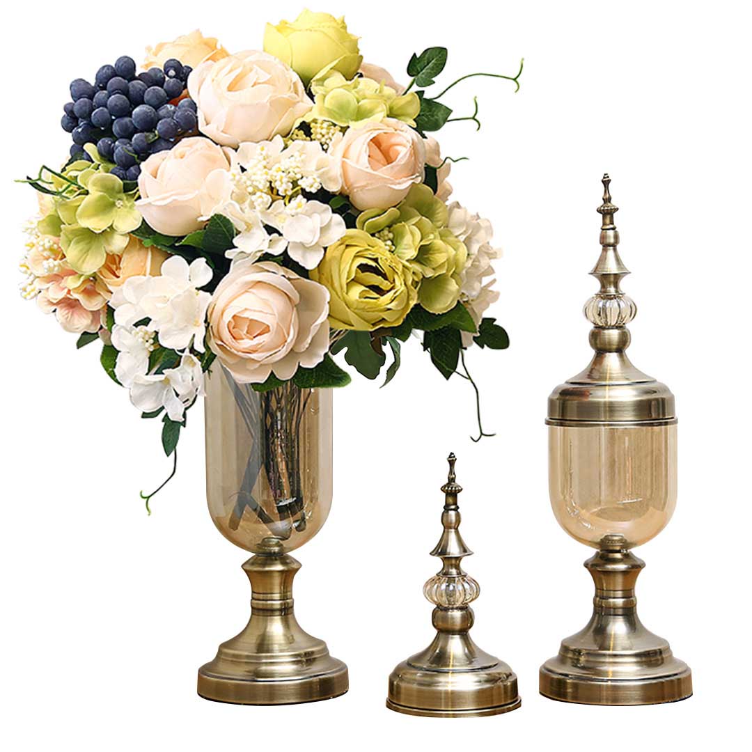2x Clear Bronze Glass Vase with Lid and White Flower Set