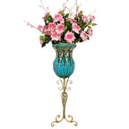 85cm Blue Glass Floor Vase and 12pcs Pink Artificial Flower Set