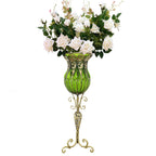 85cm Green Glass Floor Vase and 12pcs White Artificial Flower Set