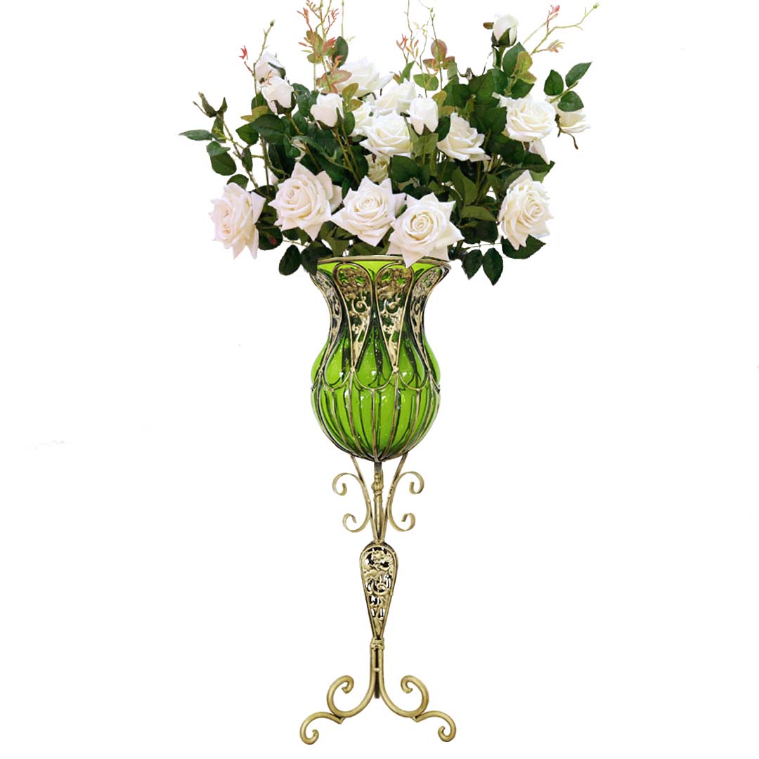 85cm Green Glass Floor Vase and 12pcs White Artificial Flower Set
