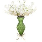 67cm Green Glass Floor Vase with 10pcs White Artificial Flower Set