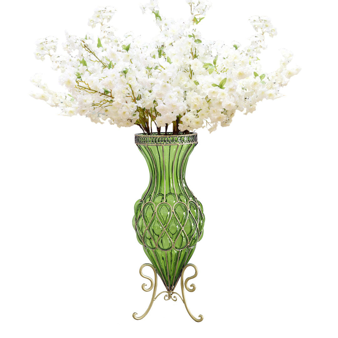 67cm Green Glass Floor Vase with 10pcs White Artificial Flower Set