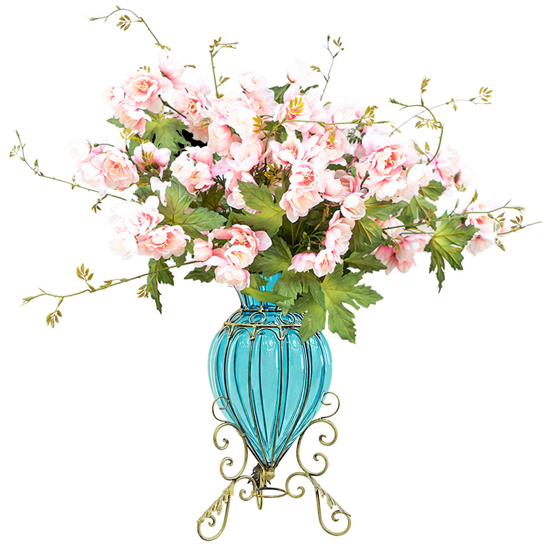 Blue Glass Floor Flower Vase with 8 Bunch 3 Heads Artificial Silk Hibiscus Set