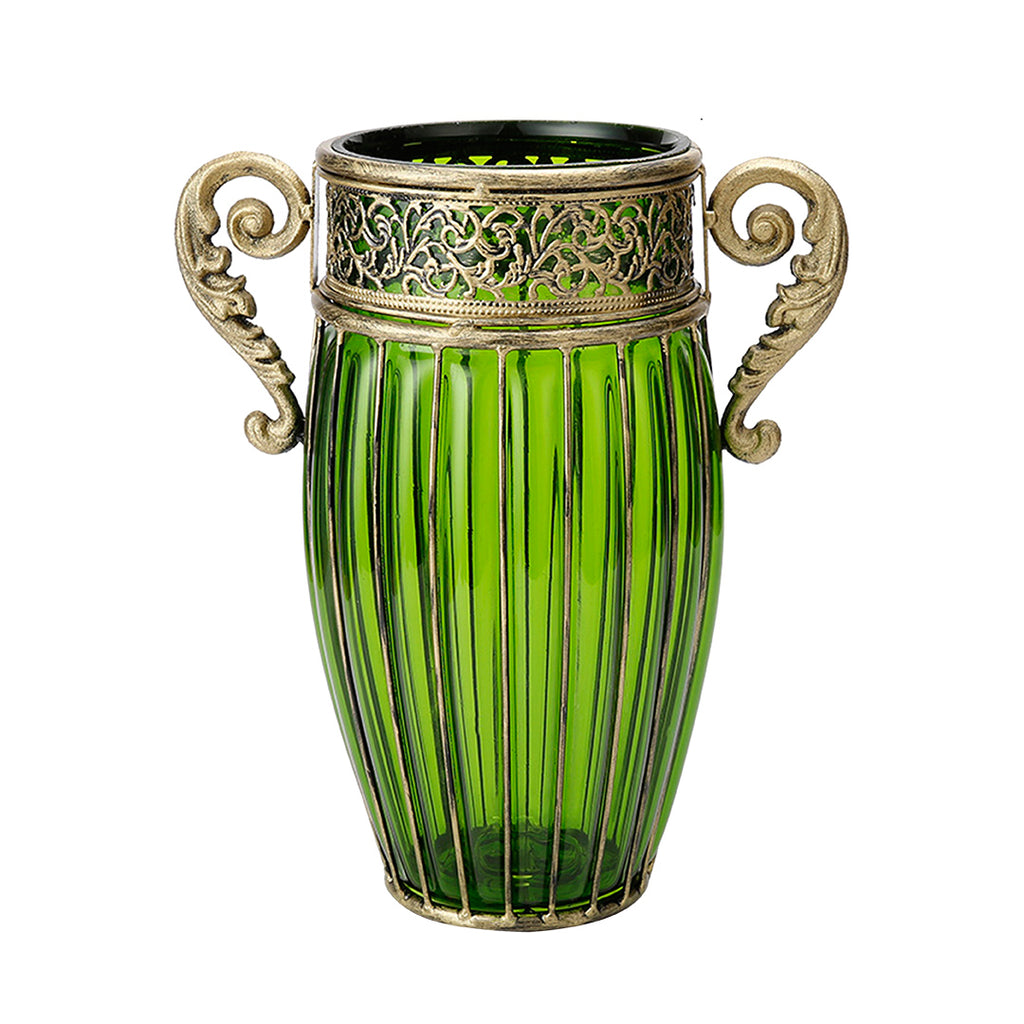 Green European Glass Flower Vase with Two Metal Handle