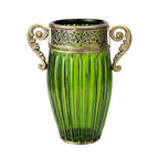 Green European Glass Flower Vase with Two Metal Handle