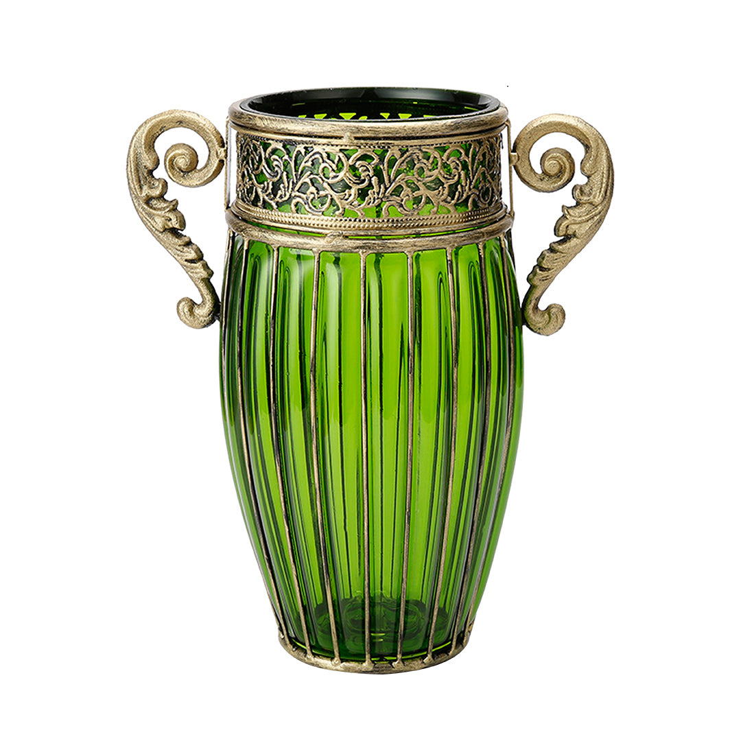 Green European Glass Flower Vase with Two Metal Handle
