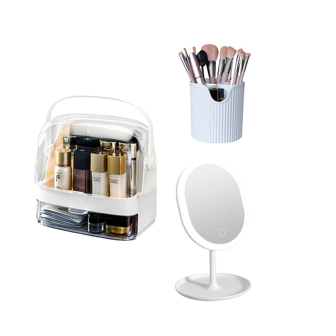 White 2 Tier Cosmetic Storage with Brush Lipstick Holder Organiser and LED Light Tabletop Mirror Set