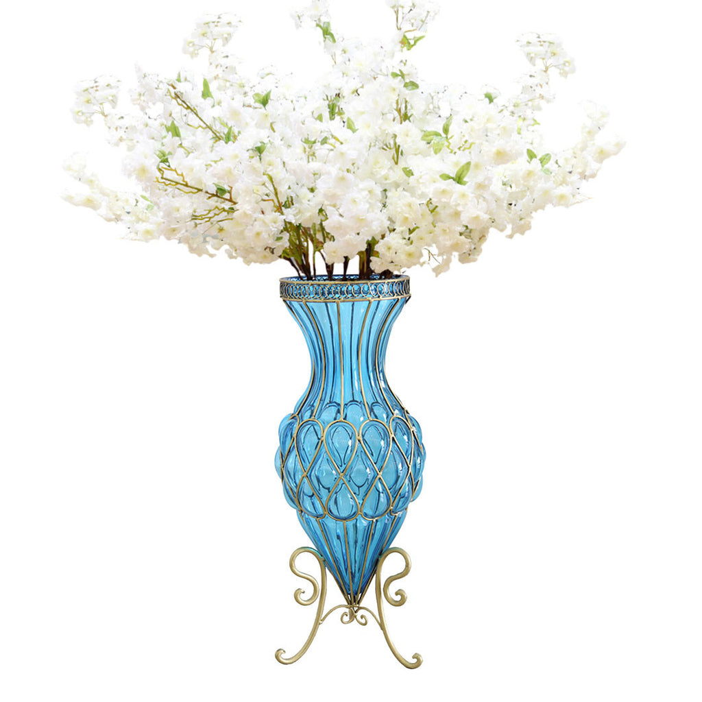 67cm Blue Glass Floor Vase with 10pcs White Artificial Flower Set