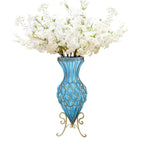 67cm Blue Glass Floor Vase with 10pcs White Artificial Flower Set