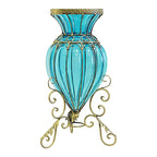 Blue European Glass Floor Flower Vase with Metal Stand