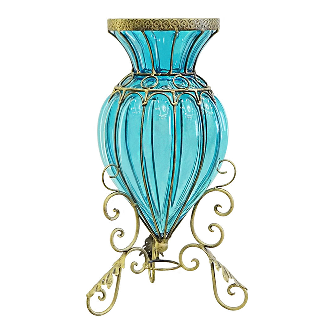 Blue European Glass Floor Flower Vase with Metal Stand
