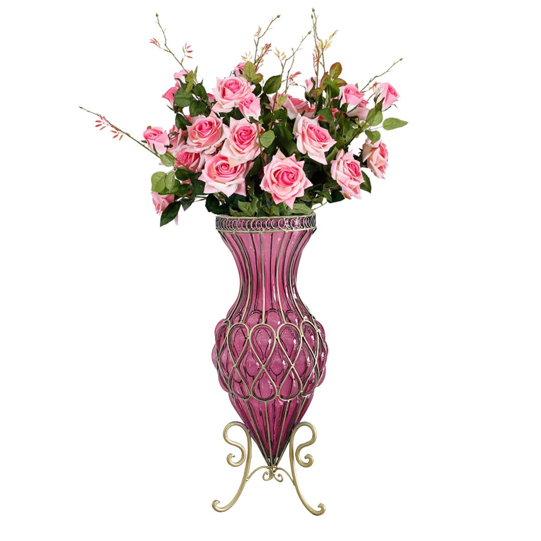67cm Purple Glass Floor Vase and 12pcs Pink Artificial Flower Set