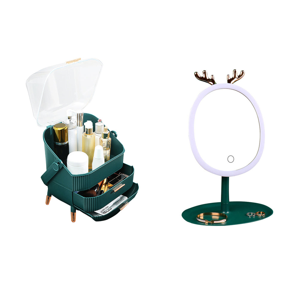 Green Cosmetic Jewelry Storage Organiser with Antler LED Tabletop Mirror Set