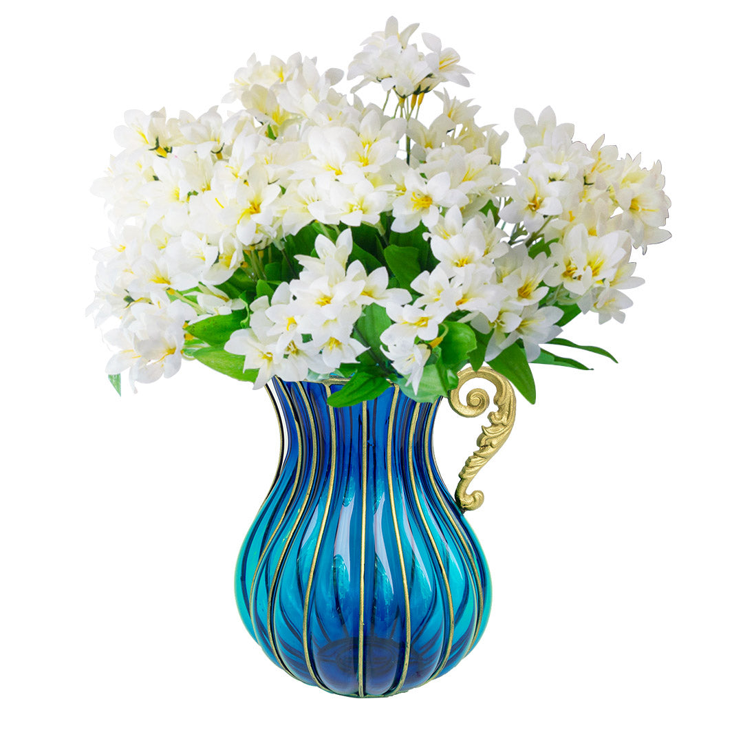 Blue Glass Flower Vase with 10 Bunch 6 Heads Artificial Silk Lilium nanum Set