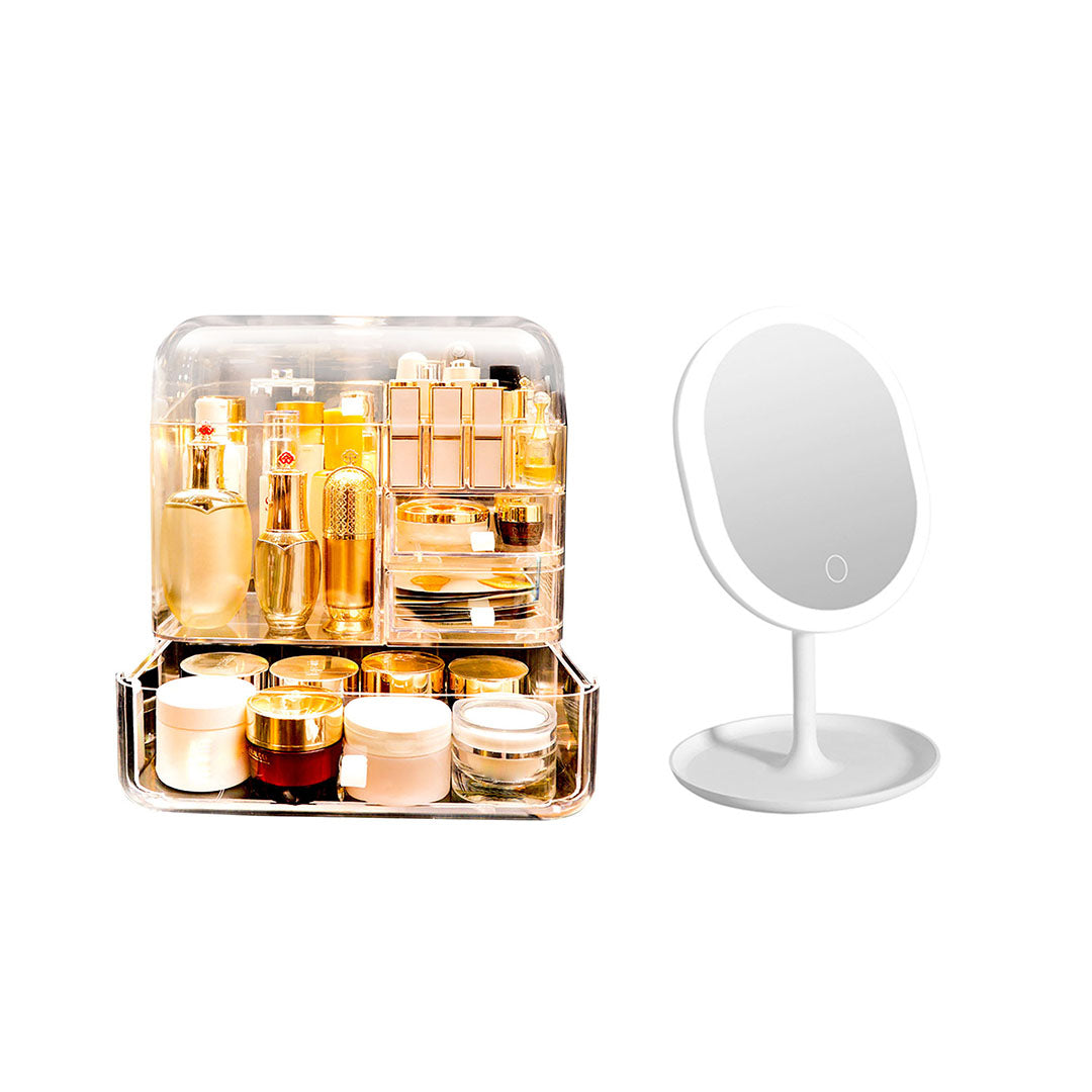 Transparent Cosmetic Storage Skincare Organiser with White LED Light Tabletop Mirror Set