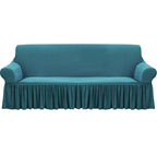 Blue Colored 4- Seater Sofa Cover with Ruffled Skirt