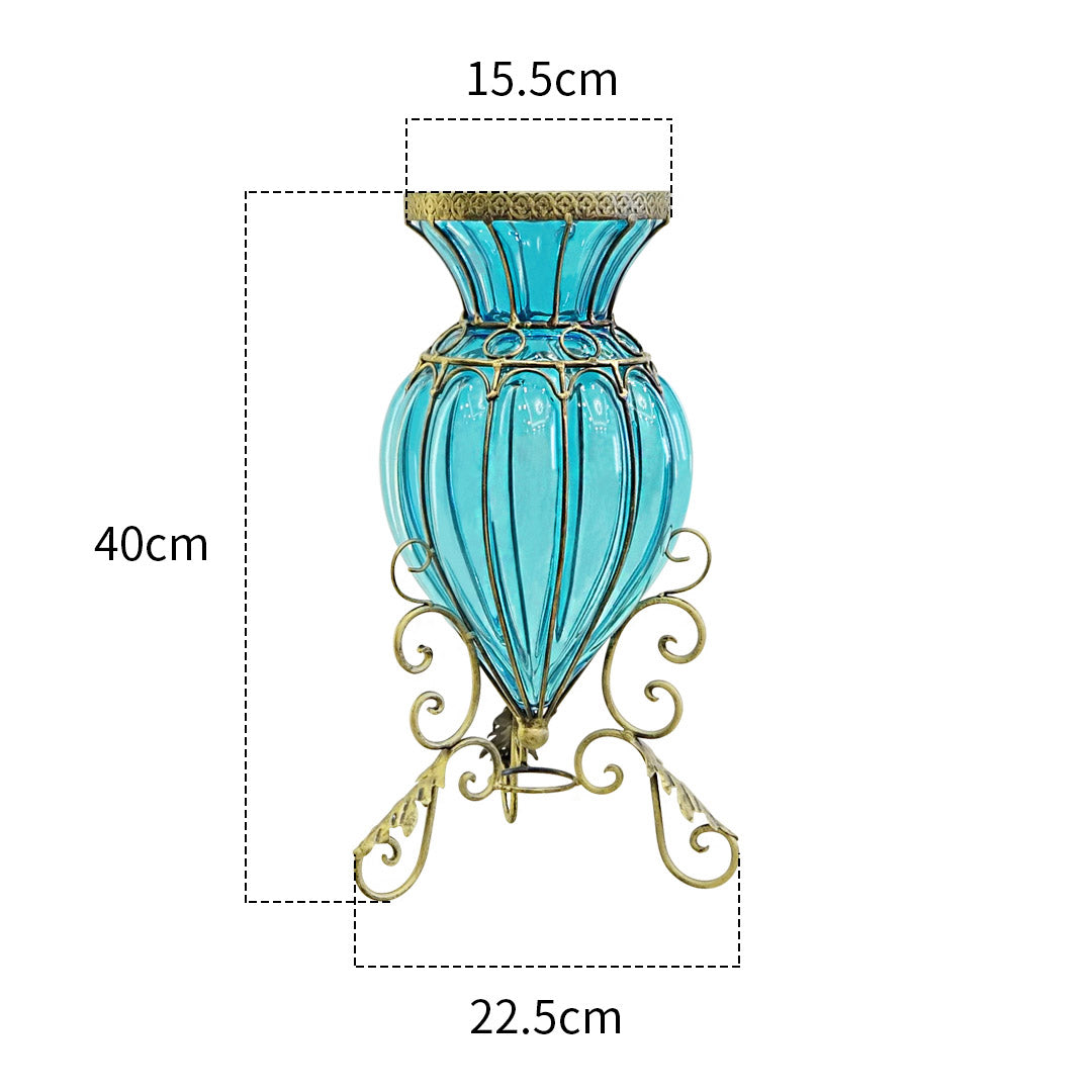 Blue Glass Floor Flower Vase with 8 Bunch 3 Heads Artificial Silk Hibiscus Set