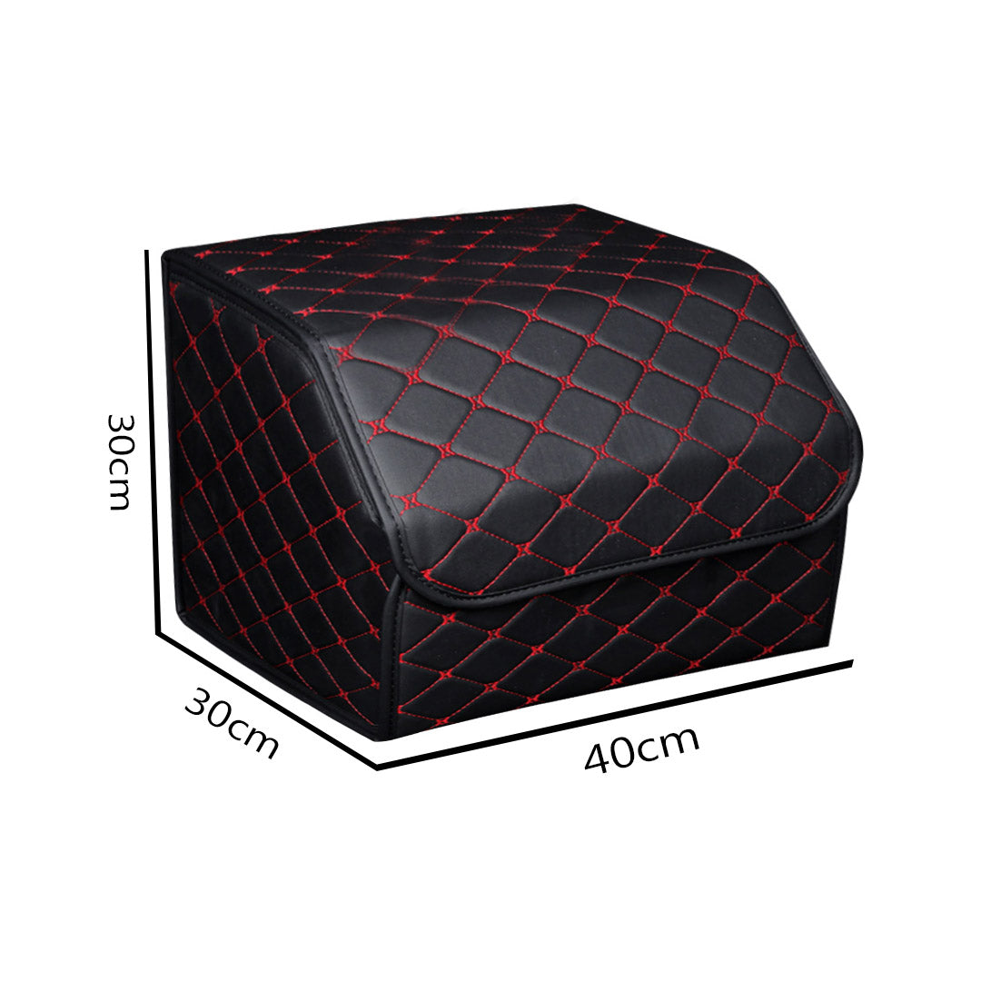 Leather Car Boot Foldable Trunk Cargo Organizer Box Black/Red Stitch Medium