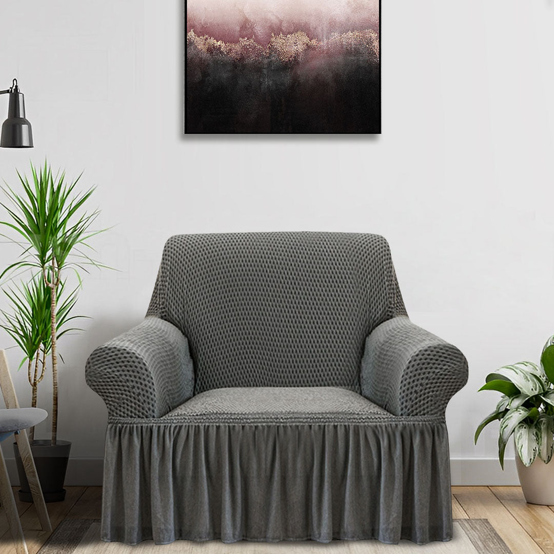 Grey Colored 1- Seater Sofa Cover with Ruffled Skirt