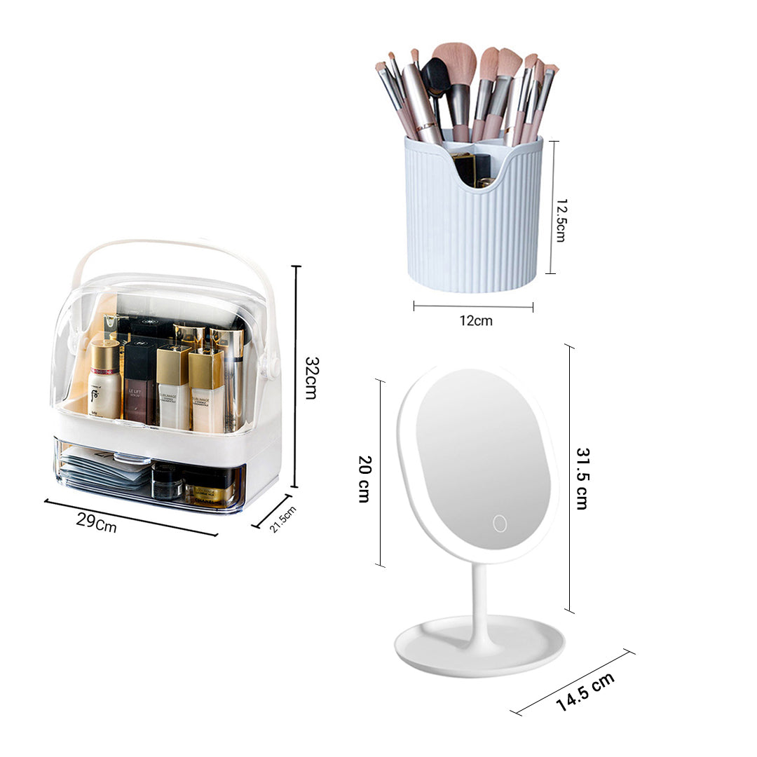 White 2 Tier Cosmetic Storage with Brush Lipstick Holder Organiser and LED Light Tabletop Mirror Set