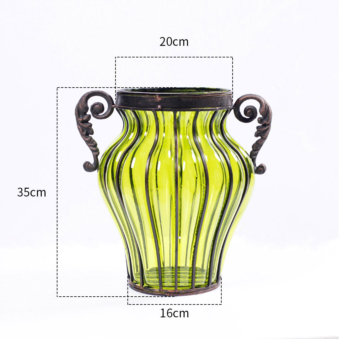Green Glass Flower Vase with 10 Bunch 6 Heads Artificial Silk Rose Set
