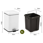 Foot Pedal Stainless Steel Trash Bin Square 6L White