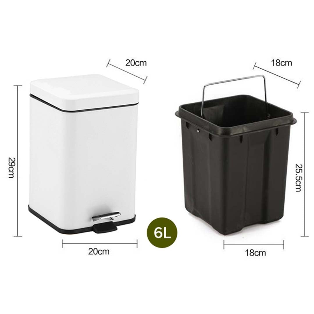 Foot Pedal Stainless Steel Trash Bin Square 6L White