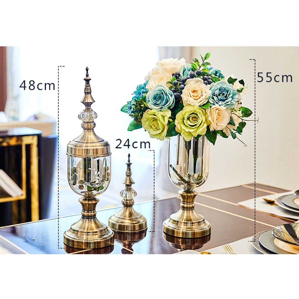 2x Clear Bronze Glass Vase with Lid and Pink Flower Set