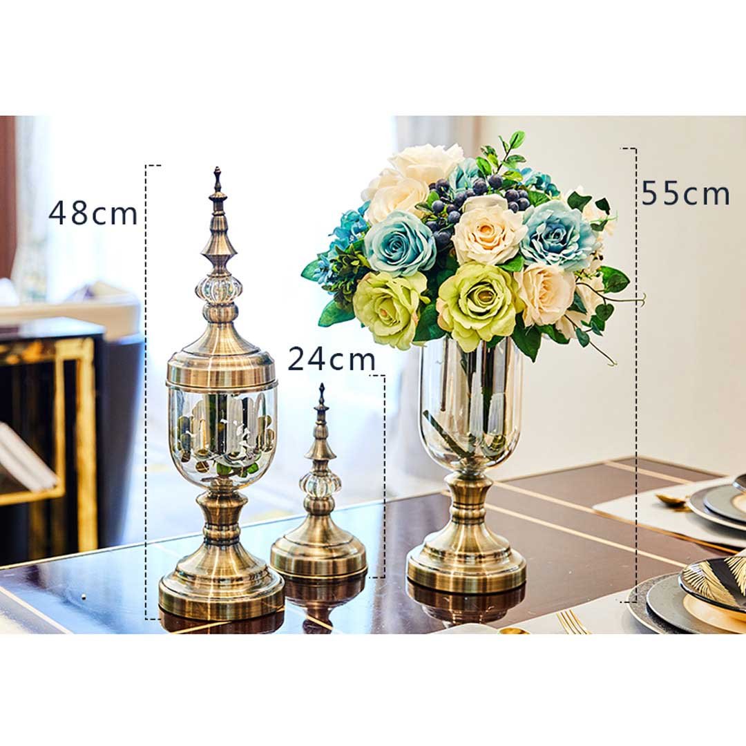 2x Clear Bronze Glass Vase with Lid and Pink Flower Set