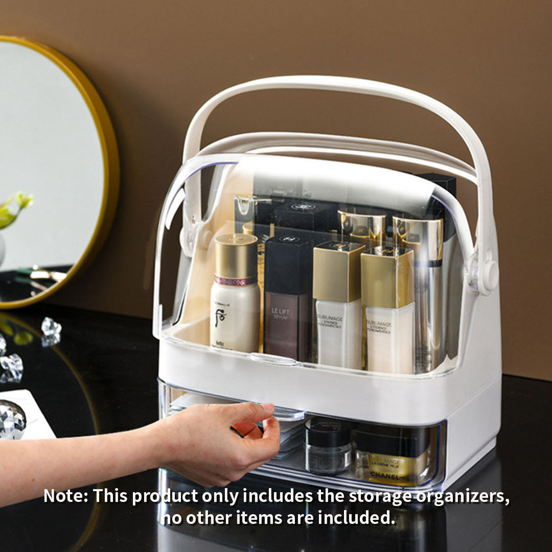 White 2 Tier Cosmetic Storage with Brush Lipstick Holder Organiser and LED Light Tabletop Mirror Set