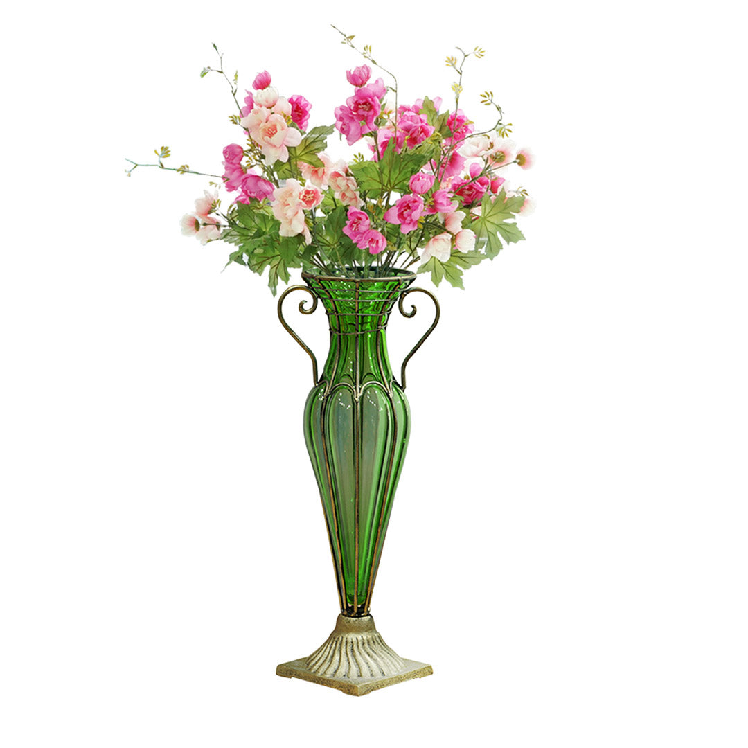 Green European Glass Flower Vase with Two Gold Metal Handle
